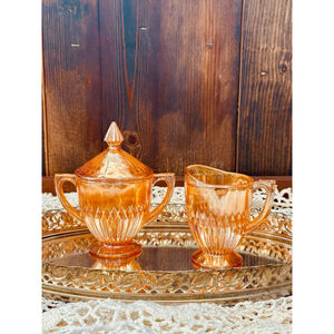 Vintage Jeannette Anniversary Marigold Iridescent Creamer and Sugar Bowl Set